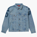 Najwyższa wstawka logo dżinsowa kurtka trucker zmyta niebieska