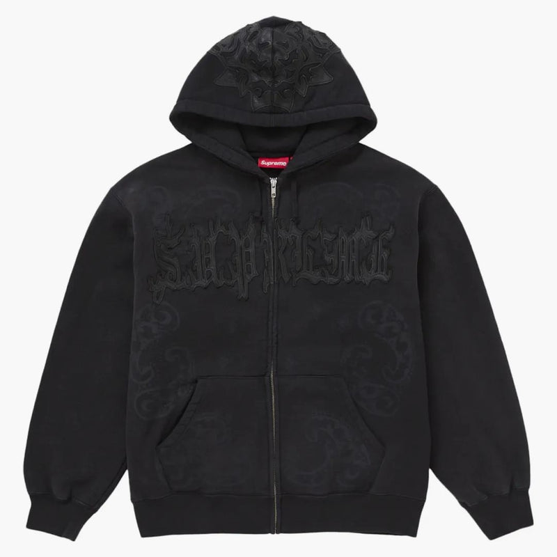 Nejvyšší kožená aplikace na zip Up Hooded mikina černá