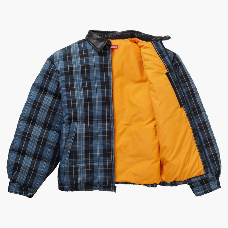 Supreme Leather Collar Puffy Jacket Blue Plaid