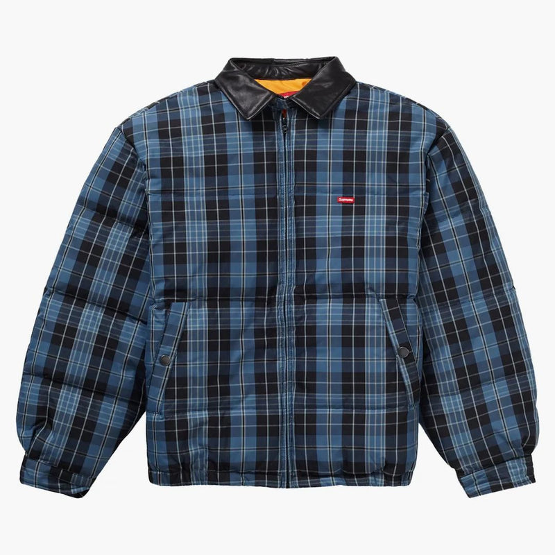 Supreme Leather Collar Puffy Jacket Blue Plaid