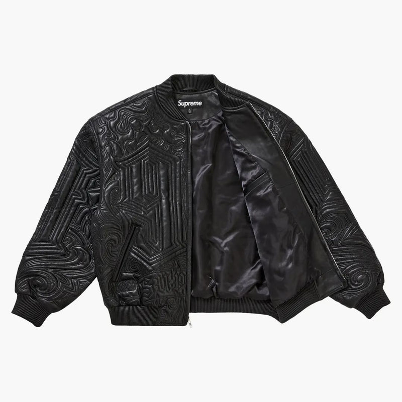 Supreme Mister Cartoon Embroidered Leather Jacket Black