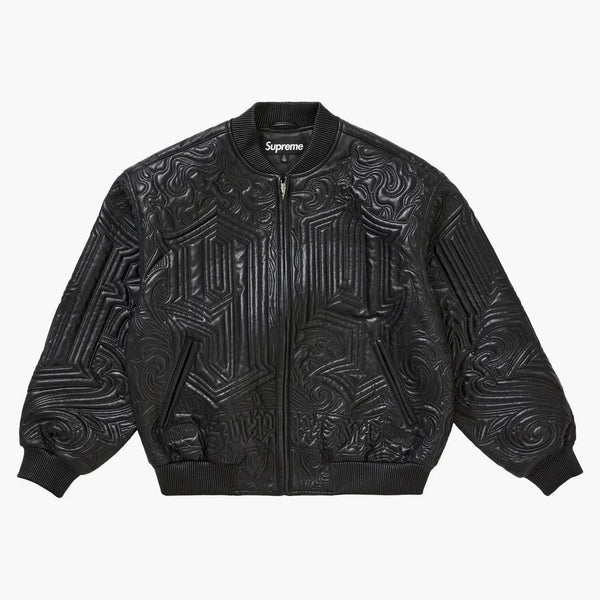 Supreme Mister Cartoon Embroidered Leather Jacket Black