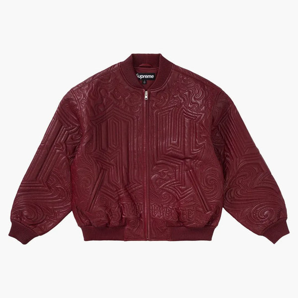 Supreme Mister Cartoon Embroidered Leather Jacket Burgundy