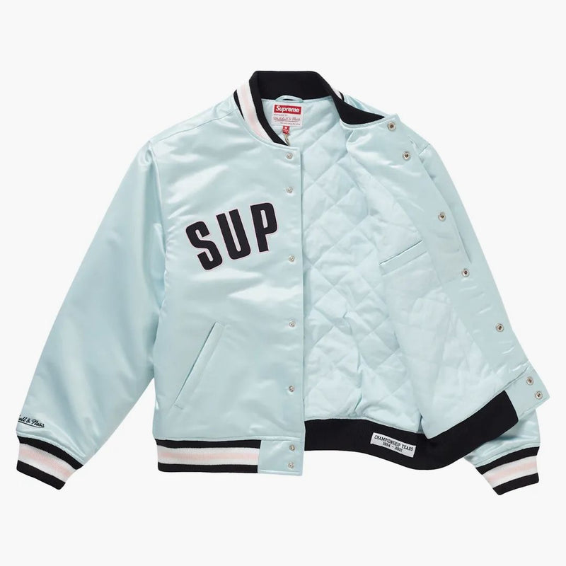 Supreme Mitchell & Ness Satin Varsity Jacket Light Blue