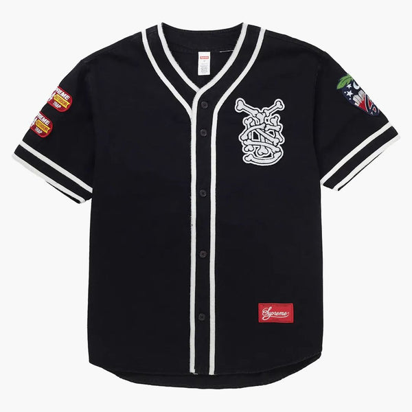 Supreme Patches Denim Baseball Jersey Black