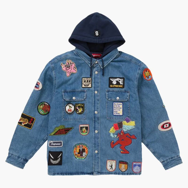 Supreme patches hooded zip up shirt denim