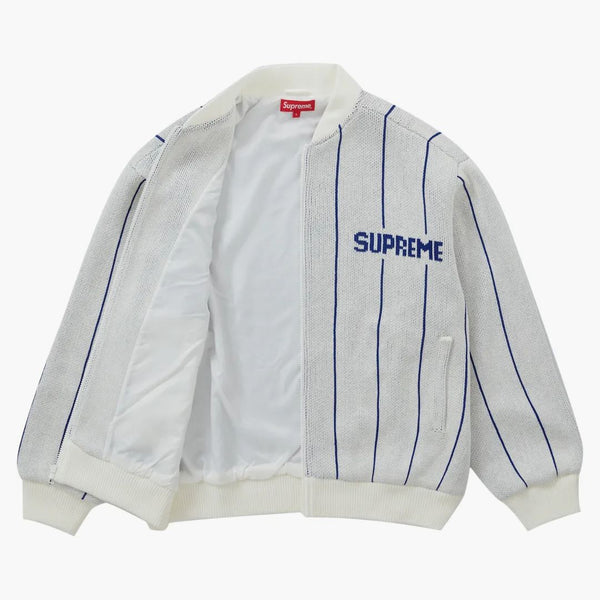 Supreme Pinstripe versity zip up tröja vit