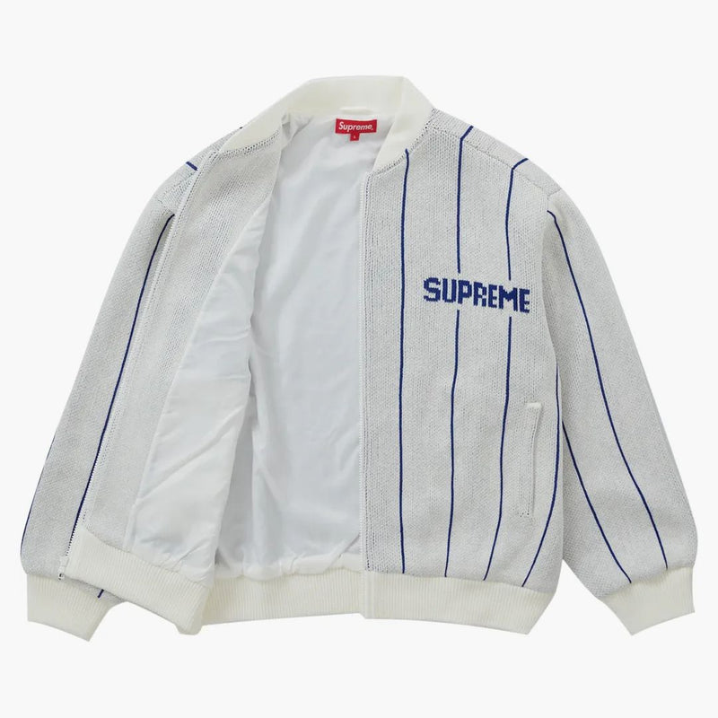 Nejvyšší pinstripe versity Zip Up svetr bílý