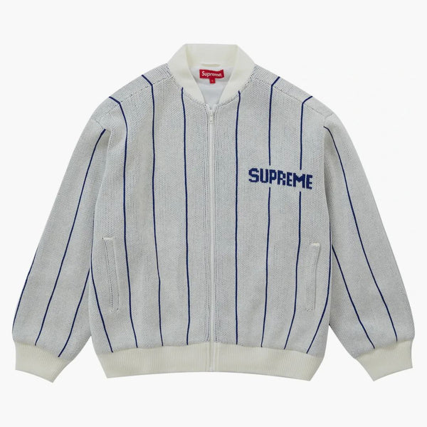 Versity Supreme Pinstripe Zip Up Pulover White