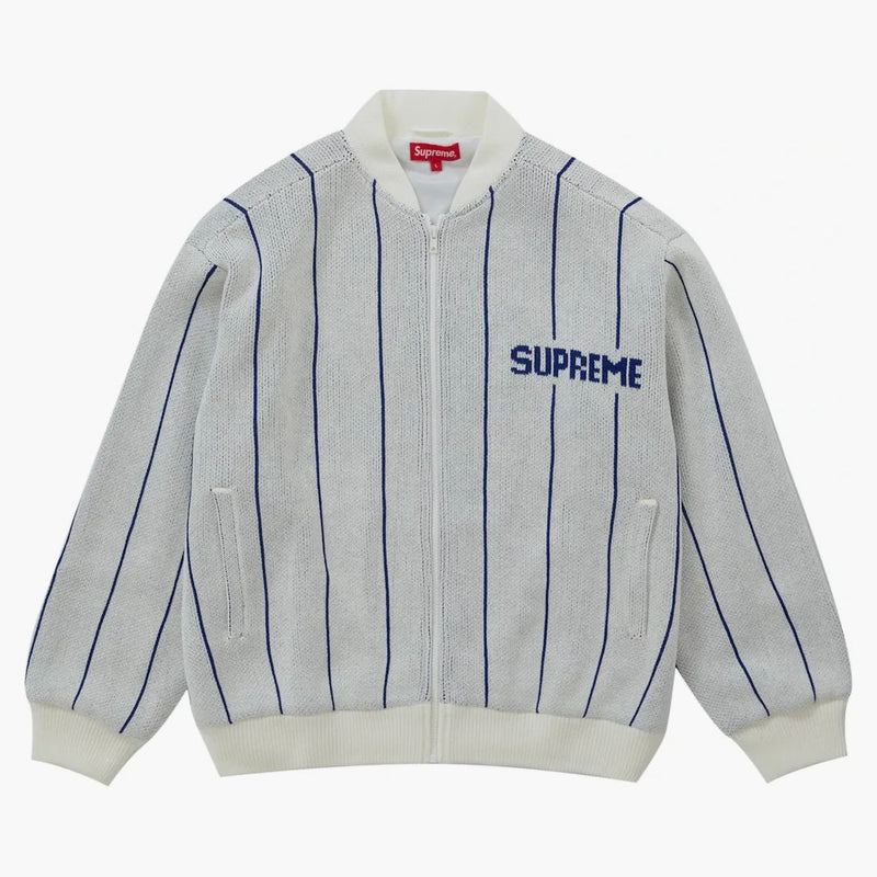 Nejvyšší pinstripe versity Zip Up svetr bílý