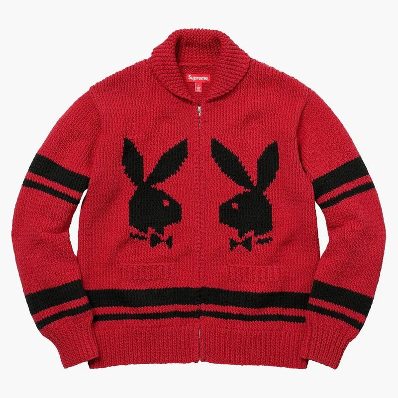 Supreme Playboy Shawl Collar Full Zip Sweater Red