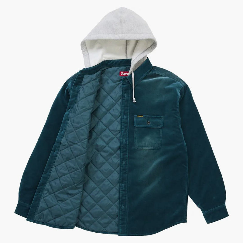 Supreme Quilted Lined Hooded Velvet Shirt Teal