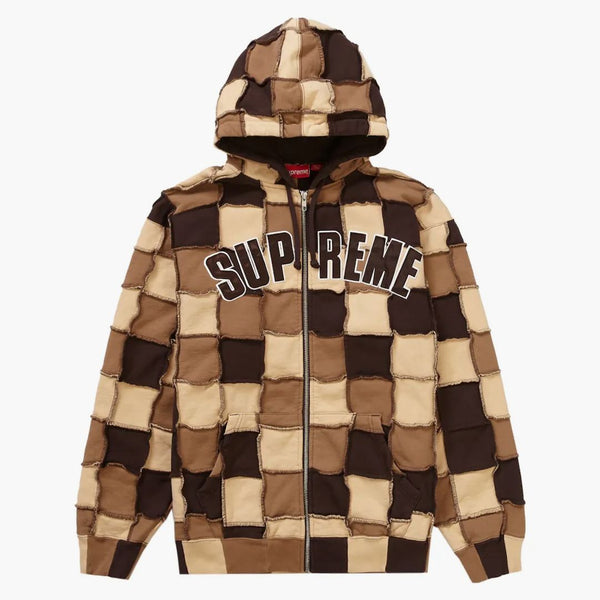 Supreme Reverse Patchwork Zip Up Hooded Sweatshirt Brown