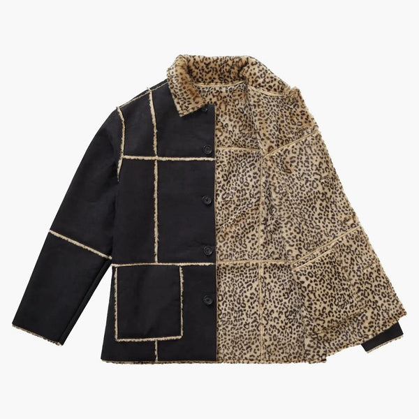 Nejvyšší reverzibilní faux semišový leopardský kabát černé