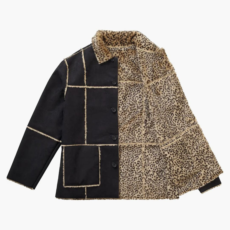 Supreme reversible faux suede leopard coat black
