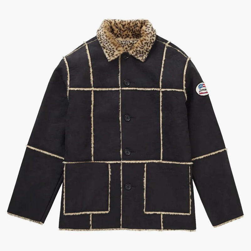 Supreme reversible faux suede leopard coat black
