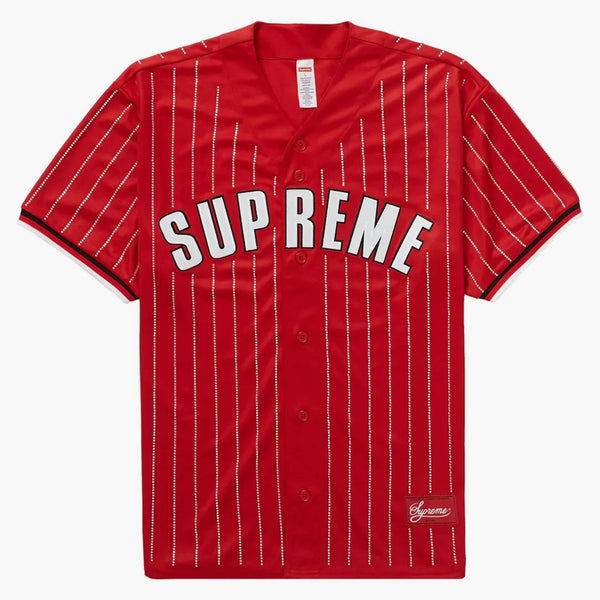 Supreme Rhinestone Stripe Baseball Jersey Red