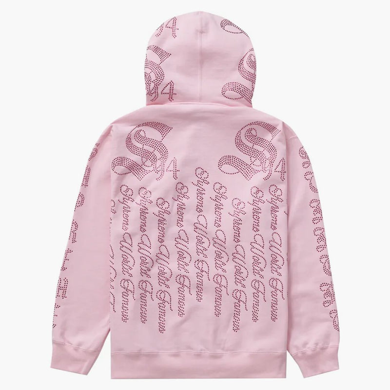 Supreme Rhinestone Zip Up Hooded Sweatshirt Pink