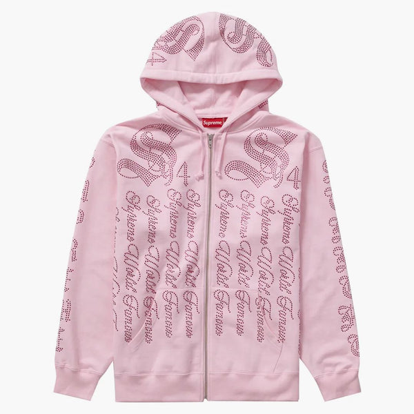 Supreme Rhinestone Zip Up Hooded Sweatshirt Pink