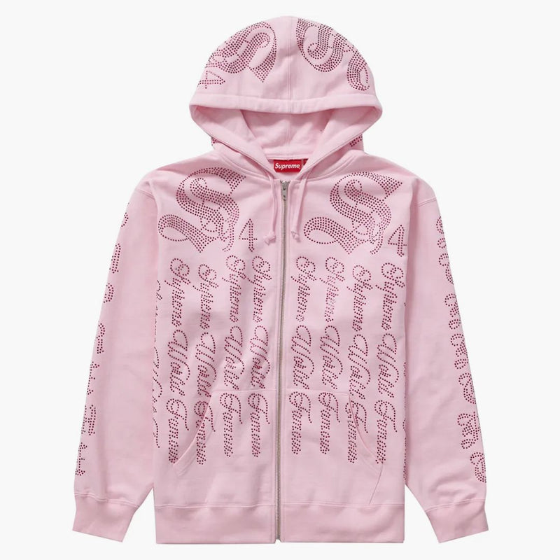 Supreme Rhinestone Zip Up Hooded Sweatshirt Pink