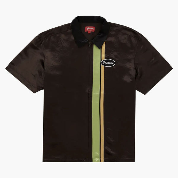 Nejvyšší satén zip Up S/S pracovní košile hnědá