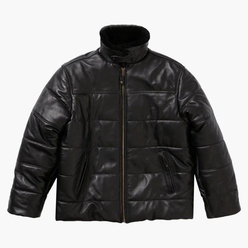 Supreme Schott Shearling Collar Leather Puffy Jacket Black