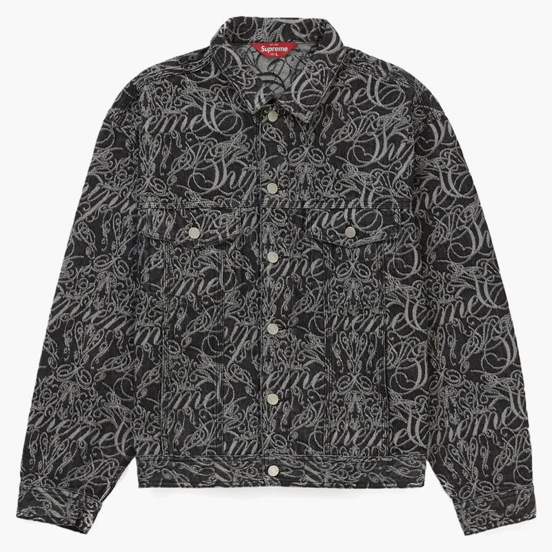 Supreme Script Jacquard Denim Trucker Jacket Washed Black