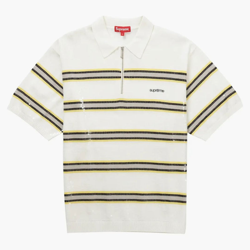 Supreme Sequin Stripe Zip Polo White