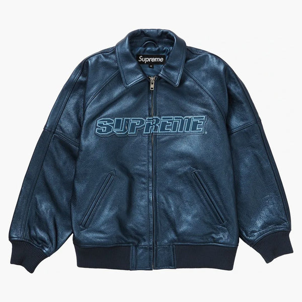 Supreme Silver Surfer Leather Varsity Jacket Blue
