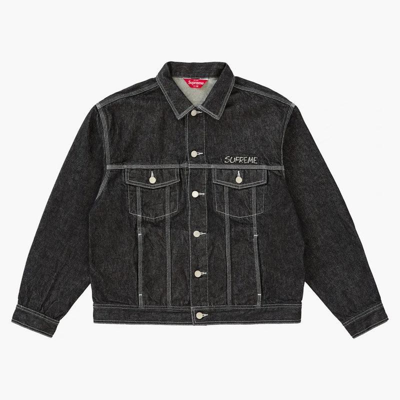 Giacca camionista di denim supremo puffi in jeans nera