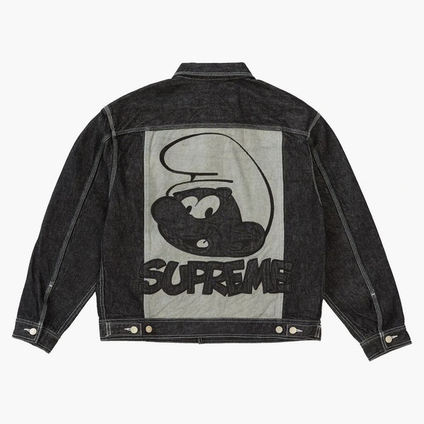 Giacca camionista di denim supremo puffi in jeans nera