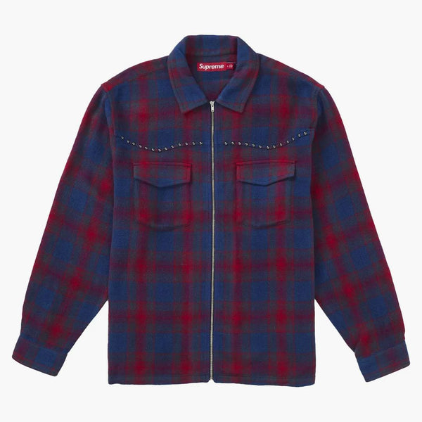 Supreme Studded Shadow Plaid Zip Up Shirt Red