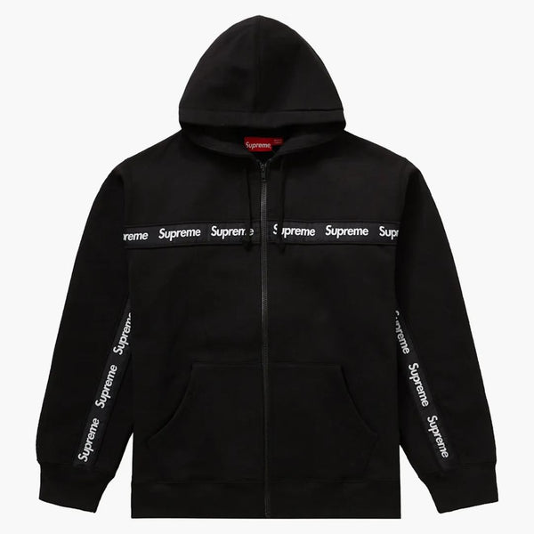 Stripe di testo Supremo Zip Up Felpa con cappuccio nero