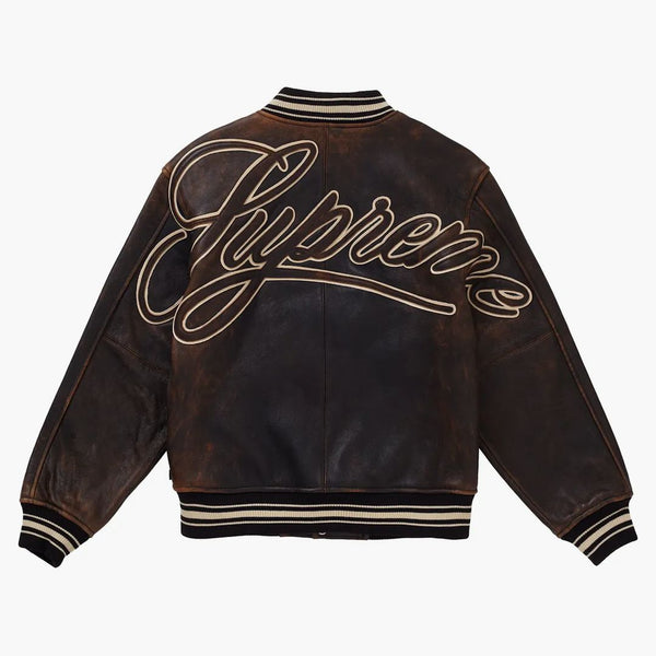 Supreme slitna läder varsity jacka svart