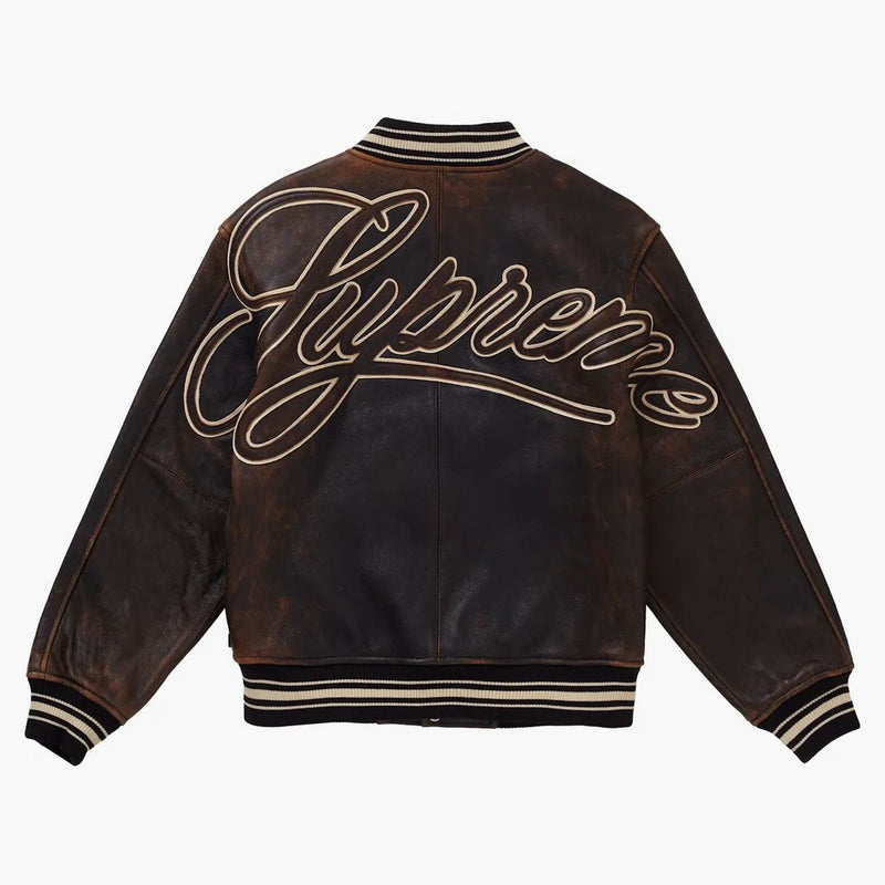 Supreme slitna läder varsity jacka svart