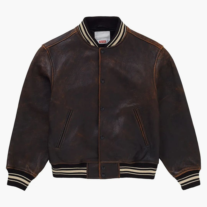 Supreme slitna läder varsity jacka svart