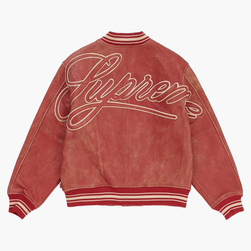 Supreme slitna läder varsity jacka röd