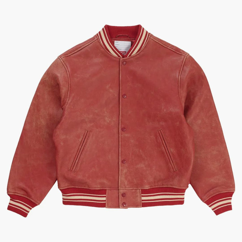 Supreme slitna läder varsity jacka röd