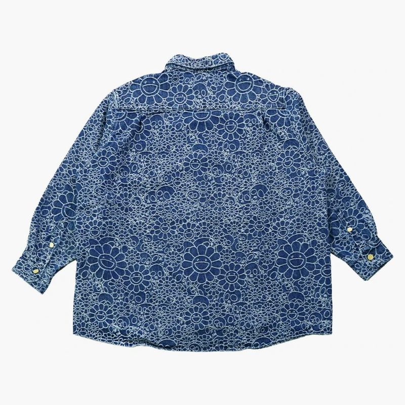 Takashi Murakami fiori e teschi jacquard denim camicia scuro blu scuro