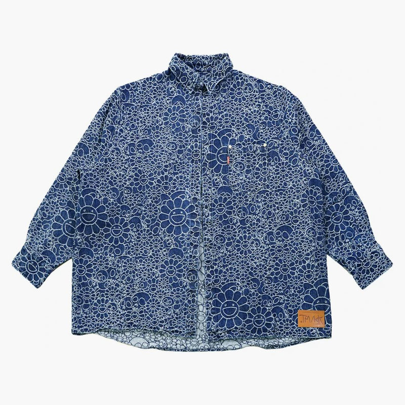 Takashi Murakami fiori e teschi jacquard denim camicia scuro blu scuro