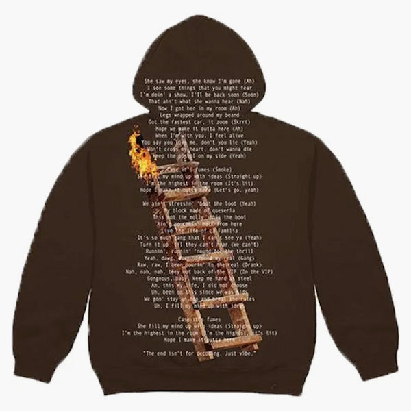 Travis Scott nejvyšší v místnosti ne pro dekódování mikiny Brown