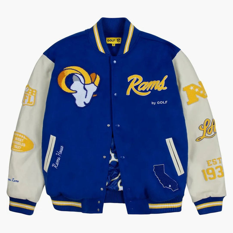 Tyler, skaparen Golf Wang X NFL Rams Letterman Jacket Royal Blue