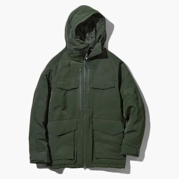 Uniqlo x vit bergsbestående hybrid ner överdimensionerad parka mörkgrön