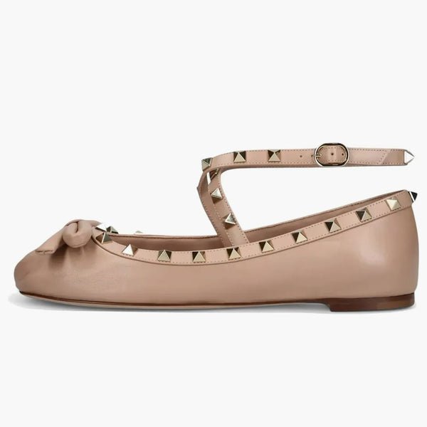 Valentino Garavani Rockstud Bow-Embelled Crosover-Strap Leather Balet Flats Blush (Women's)