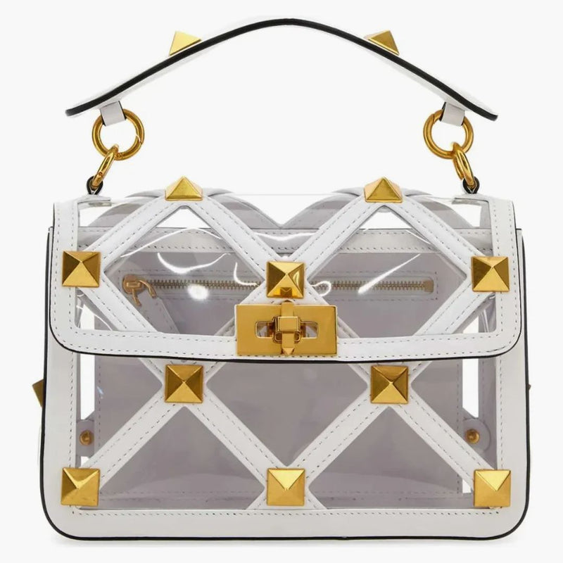 Valentino Roman Stud Flowover horní ramenní taška na rameno zlaté/bílé