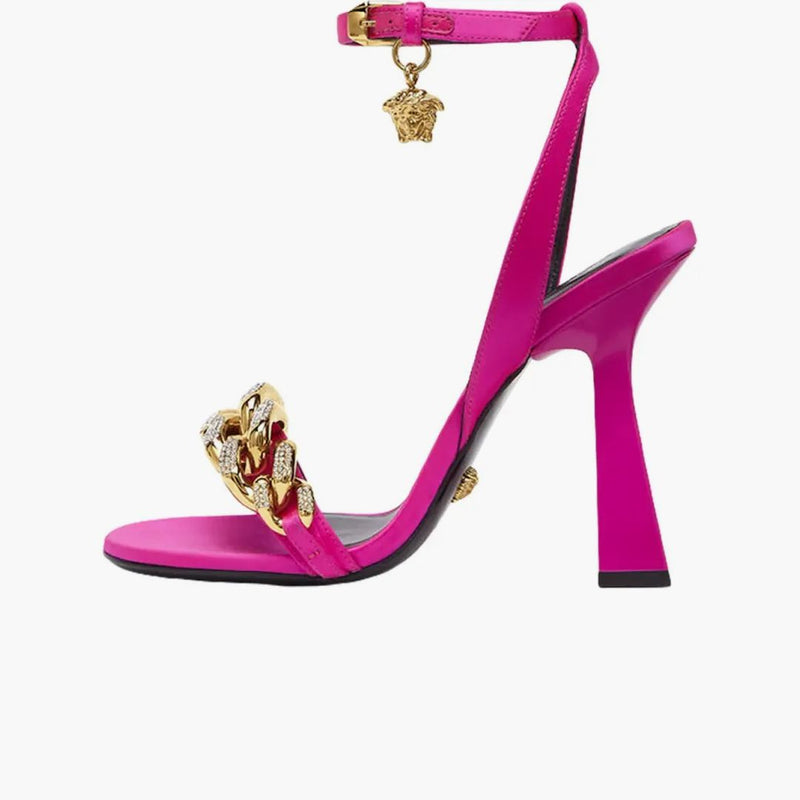 Versace Medusa 110mm Chain High Heeled Sandals Deep Fuchsia Satin