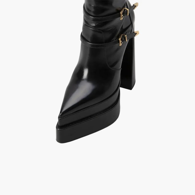 Versace Medusa Aevitas 165mm Pointy Platform Booties Black Patent Leather