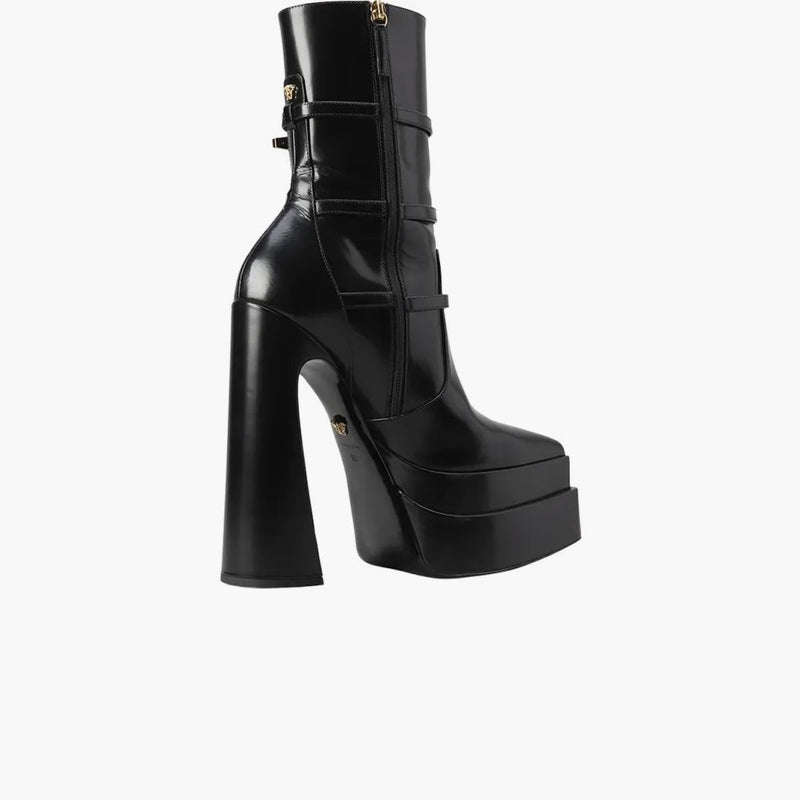 Versace Medusa Aevitas 165mm Pointy Platform Booties Black Patent Leather