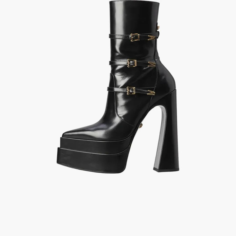Versace Medusa Aevitas 165mm Pointy Platform Booties Black Patent Leather