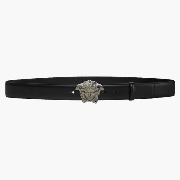 Versace Palazzo Belt with Medusa Buckle Ruthenium-Tone Black